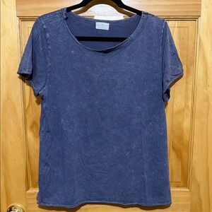 T.La Anthropologie Blue Distressed Short Sleeve Tee, Size Large.
